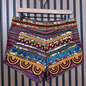 Raga Shorts Medium Womens Indigenous Art Boucle Bead Embroidered Sequin Detail